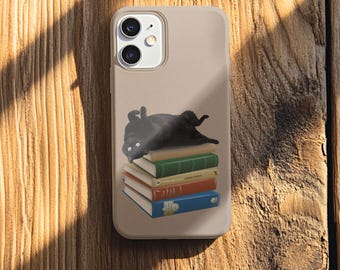 Coque iPhone Black Cat Book Stack, illustration littéraire confortable