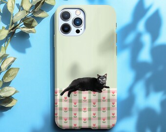 Coque pour iPhone à carreaux chat noir et tulipe verte, illustration florale confortable