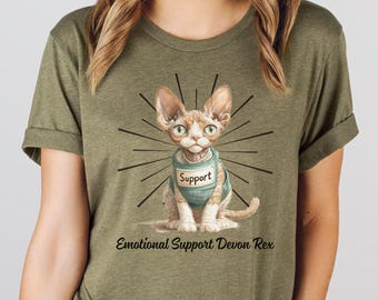 Emotional Support Devon Rex Cat Tee: Unisex Cotton Shirt