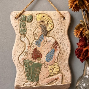 Vintage Handmade Mexican Ceramic Wall Plaque | Mayan Aztec Relief Tile | Southwestern Folk Art Wall Hanging | Rustic Boho Pottery Decor