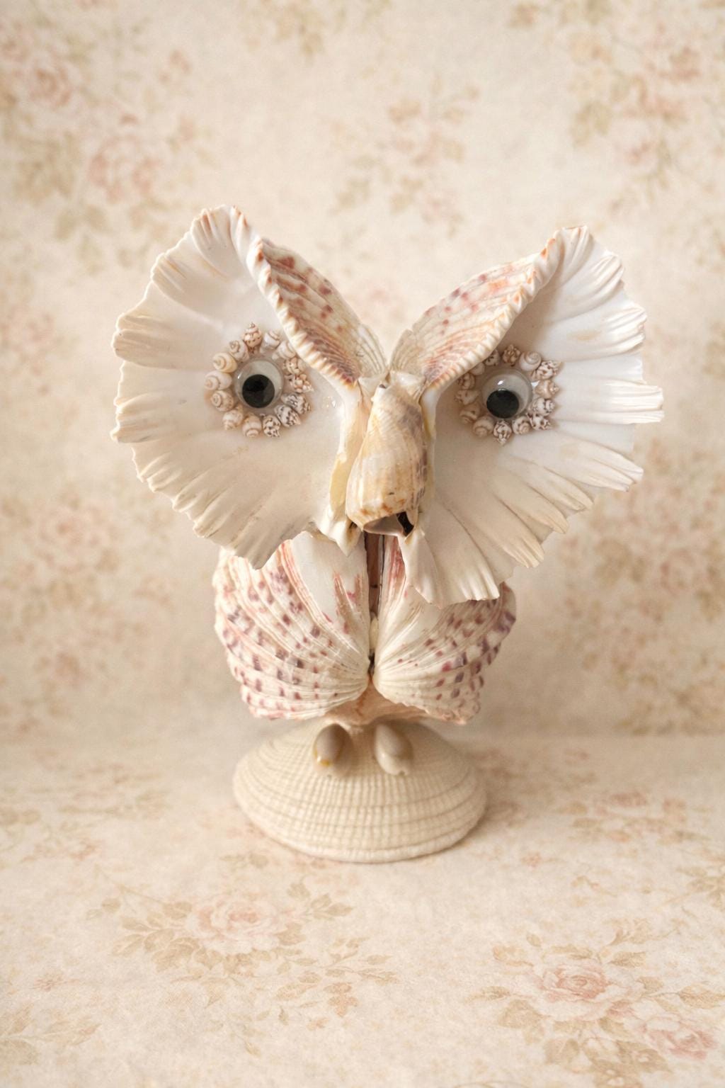 Vintage Seashell Owl Folk Art Figurine | Handmade Coastal Folk Art | Cottagecore Decor | Whimsical V