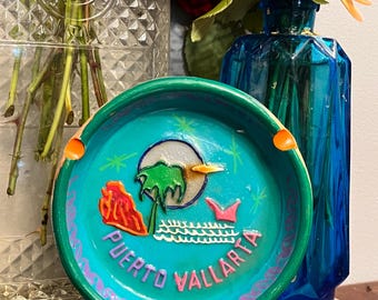 Vintage Porto Vallarta Mexico Aschenbecher | Handbemalter tropischer Keramikaschenbecher | Mexikanische Tobacciana Souvenir | Retro Strand Dekor