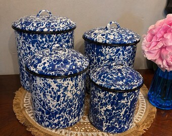Set van 4 vintage blauwe spetters emaillepot | Zo goed als nieuw boerderij spons keukenopberger | Rustiek decor landhuis