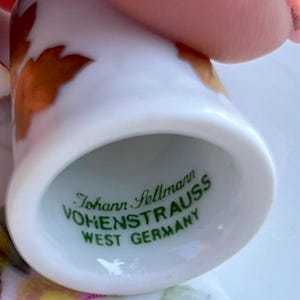 Peut inclure: Un d&eacute; &agrave; coudre en porcelaine blanche orn&eacute; d'un motif de feuilles brunes sur l'ext&eacute;rieur. La base int&eacute;rieure porte l'inscription en vert Johann Seltmann VOHENSTRAUSS WEST GERMANY. Le d&eacute; pr&eacute;sente une finition lisse et brillante.