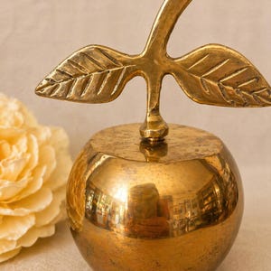 May include: A golden brass apple-shaped decorative object with a leaf-shaped handle. The apple has a smooth, reflective surface. The leaf handle has detailed veining. A yellow flower is partially visible in the background.