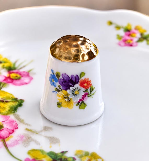 Vintage Kronach W. Germany Porcelain Thimble Floral Bouquet Gold Top German Sewing Collectible