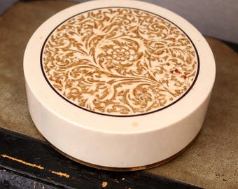 Vintage Ultima II doorschijnende gezichtspoedercontainer | Revlon toiletpot | Gouden filigraan deksel | Retro make-updecor | Verzamelobject schoonheidsproducten uit de jaren 70