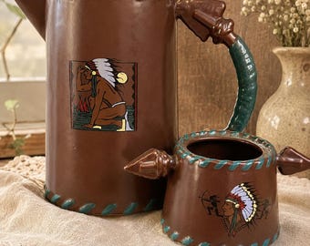 Vintage 1992 Vandor American Frontier Cream Pitcher & Sugar Bowl Set – Brown Turquoise Western Ceramic Serveware