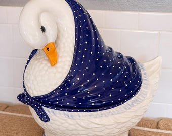 Tarro para galletas de ganso vintage, ganso con gorro de lunares azules, tarro grande de cerámica para galletas, decoración de cocina rústica, tarro de almacenamiento estilo cottagecore