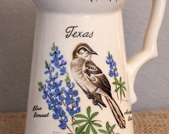 Vintage Texas Pitcher Mockingbird Bluebonnet NACO Creamer Gold Trim Farmhouse Decor Souvenir Texas Collectible Ceramic Pitcher