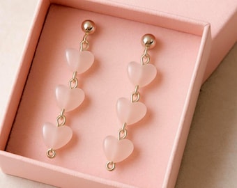 Rose Quartz Heart Dangle Earrings: Natural Pink Stone Jewelry