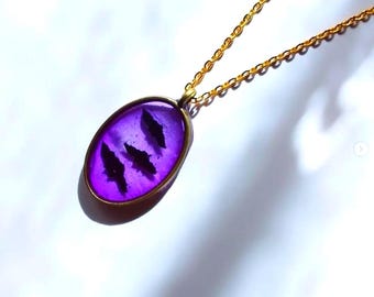 Handmade Bat Necklace – Epoxy Resin Pendant, Gothic Halloween Jewelry, Purple Night Sky Charm