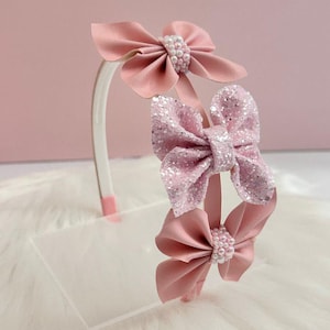 Pink Butterfly Bow Headband with Pearls – Girls’ Plastic Hairband | Handmade Pastel Hair Accessory | Cute Gift for Little Girls
