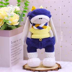 Figurine de lapin tricotée main avec chapeau, peluche lapin, cadeau lapin, cadeau fille, décoration de canapé, laine pour bureau