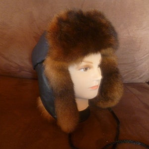 New Zealand Possum Fur Black Leather Trapper Hat - Natural Brown or Grey