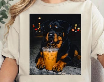 Rottweiler Drinking Iced Coffee Tshirt, Funny Dog Art, Dog Mom Shirt, Dog Lover Gifts, Comfort Colors Shirt