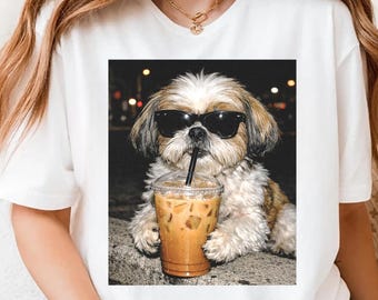 Shih Tzu Drinking Iced Coffee Comfort Colors Shirt, Dog Owner Gift, Funny Animal Meme Tshirt