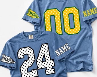 Custom Spirit Polka Dot Shirt, Personalized Team Tee, Custom Initial Shirt with Number & Sleeve Print, Game Day Comfort Colors Tee
