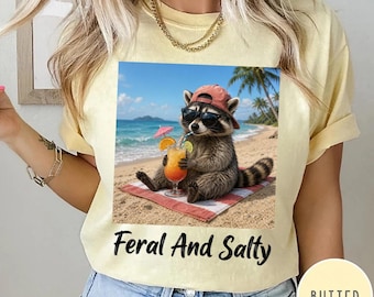Feral And Salty Comfort Colors T-Shirt, Funny Beach Raccoon Shirt, Salty Summer Vacation Graphic Tee, Coastal Raccoon Meme Shirt