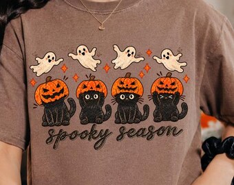 Spooky Season Shirt, Black Cat Halloween Shirt, Cute Ghost Pumpkin Tee, Spooky Halloween Shirt, Funny Halloween Gift, October Shirt