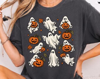 Ghost Pumpkin Halloween Shirt, Cute Ghost and Jack O Lantern Tee, Spooky Halloween Shirt, Vintage Halloween Graphic Tee, Pumpkin Ghost Shirt