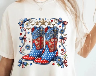 Cowgirl Boot Shirt, Patriotic Western Tee, Leopard Floral Boot USA Flag Shirt, 4th of July Women Shirt