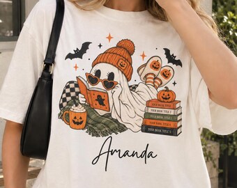 Personalized Halloween Book Shirt, Custom Book Lover Ghost Tee, Spooky Reader T-Shirt, Custom Name Bookish Halloween Gift