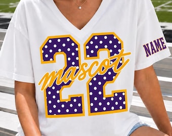 Custom Spirit Polka Dot V neck Ladies Tee, Personalized Team Tee, Custom Initial Shirt with Number & Sleeve Print, Game Day Ladies Tee