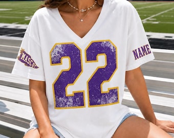 Custom Spirit V neck Ladies Tee, Personalized Team Tee, Custom Initial Shirt with Number & Sleeve Print, Game Day Ladies Tee