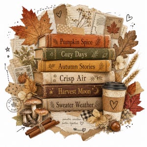 May include: A stack of six books with titles Pumpkin Spice, Cozy Days, Autumn Stories, Crisp Air, Harvest Moon, and Sweater Weather. The stack is surrounded by autumn leaves, mushrooms, cinnamon sticks, a coffee cup, and vintage postage stamps.