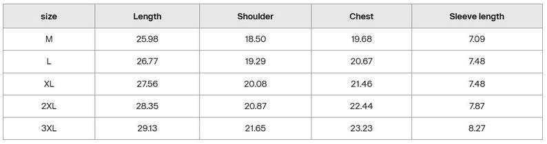 May include: A white table with a size chart for clothing measurements. The chart includes sizes M, L, XL, 2XL, and 3XL. Measurements are provided for length, shoulder, chest, and sleeve length in inches.