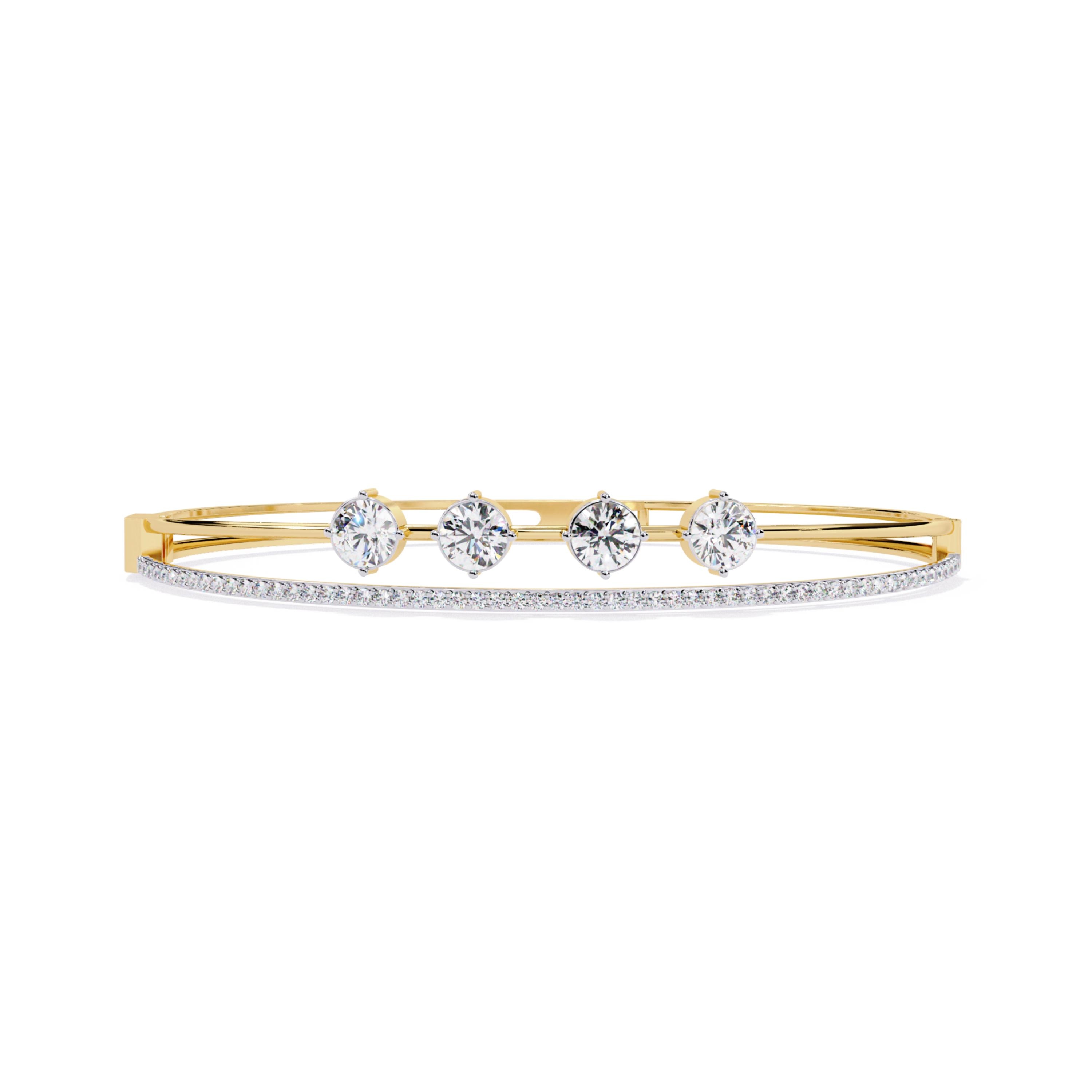 ★PLOW Spring 4 Stone Bangle Diamond Gold Horizon Row – Four Stone Diamond Bangle With Pavé Rail in 14K Gold