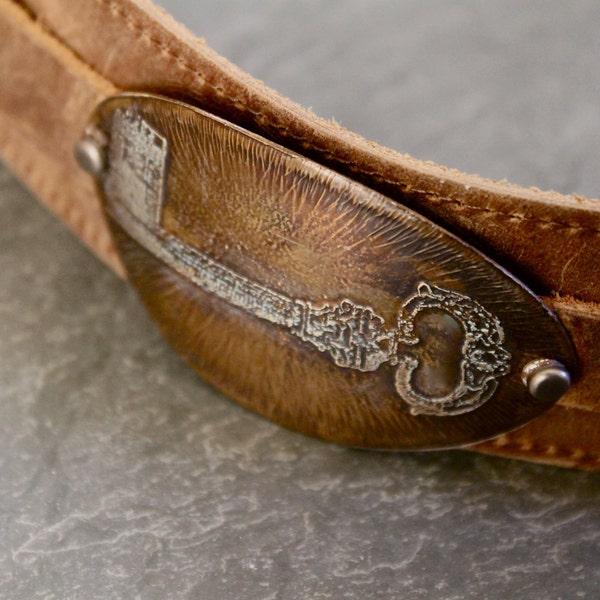 Steampunk Leather Brass Key Mens Bracelet
