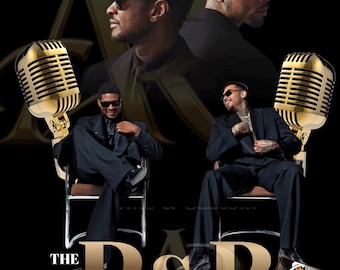 May include: A promotional poster for "The R&B Tour" featuring Raymond and Brown. The poster has a black background with gold accents, including microphones and the tour title. The artists are shown in suits and sunglasses.