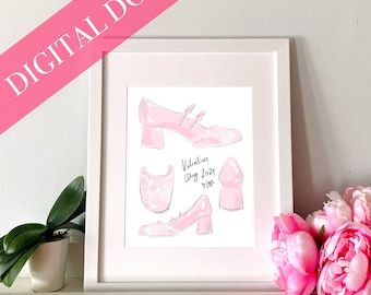 FIGGIE "Sweet Mary Janes" Valentine's Day Shoes Printable Art Digital Download Fashion Illustration Print by Figgie