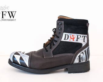 SAMPLE SALE Sz 11 Men's Dark Grey Hand Painted Boots, White & Silver