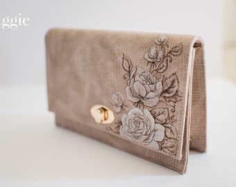 TAUPE ROSES Light Brown Taupe Tan Hand Painted Vintage Roses Clutch by Figgie