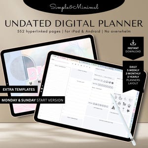 Planner digitale minimalista senza data: giornaliero, settimanale, mensile, completamente collegato - GoodNotes, Notability (download PDF)