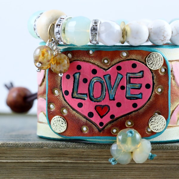 More PINK LOVE,Leather cuff bracelet, hand carved and painted, HEART, boho, hippie jewelry, cowgirl jewelry