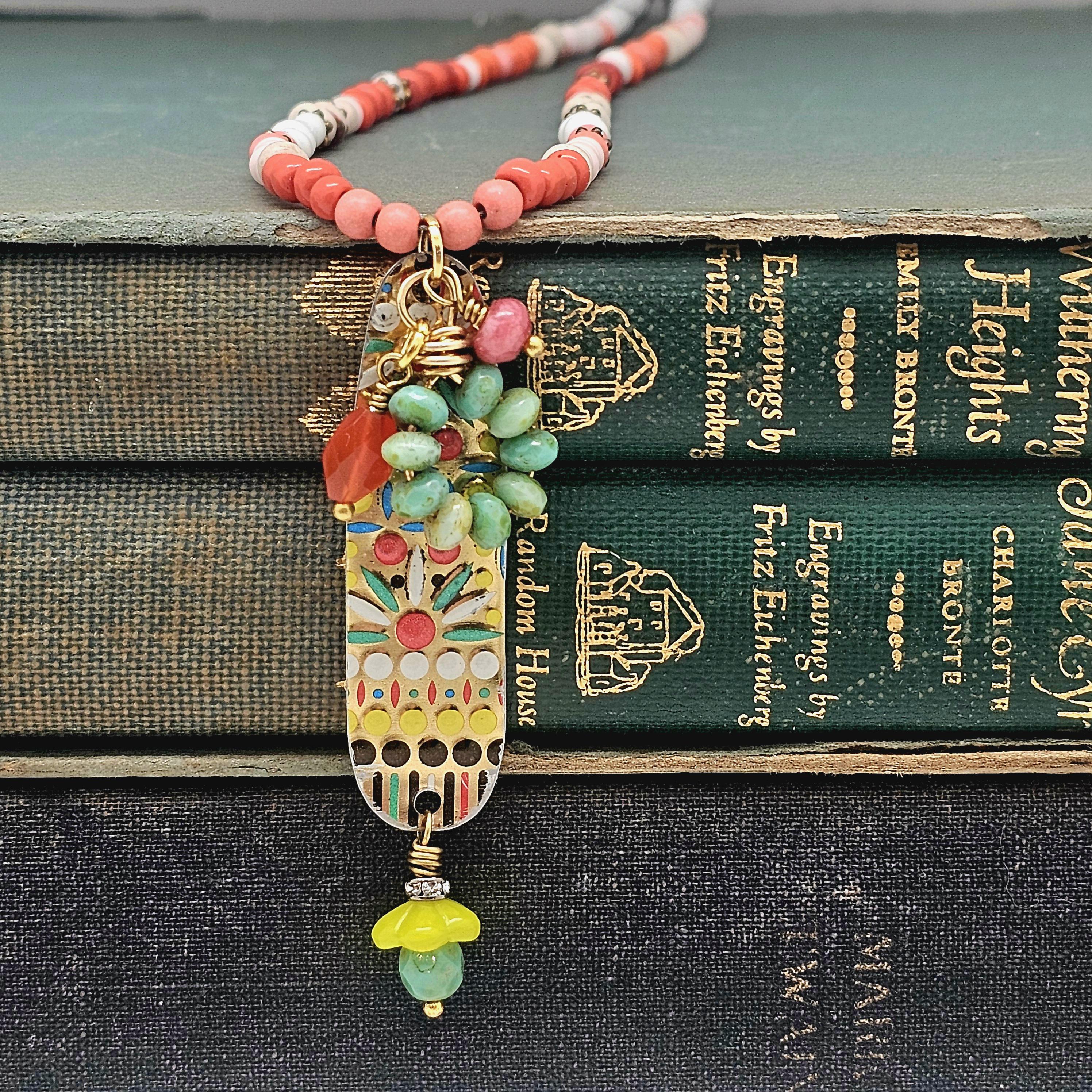 Colorful, repurposed vintage tin pendant, charm necklace. artisan crafted boho style jewelry.