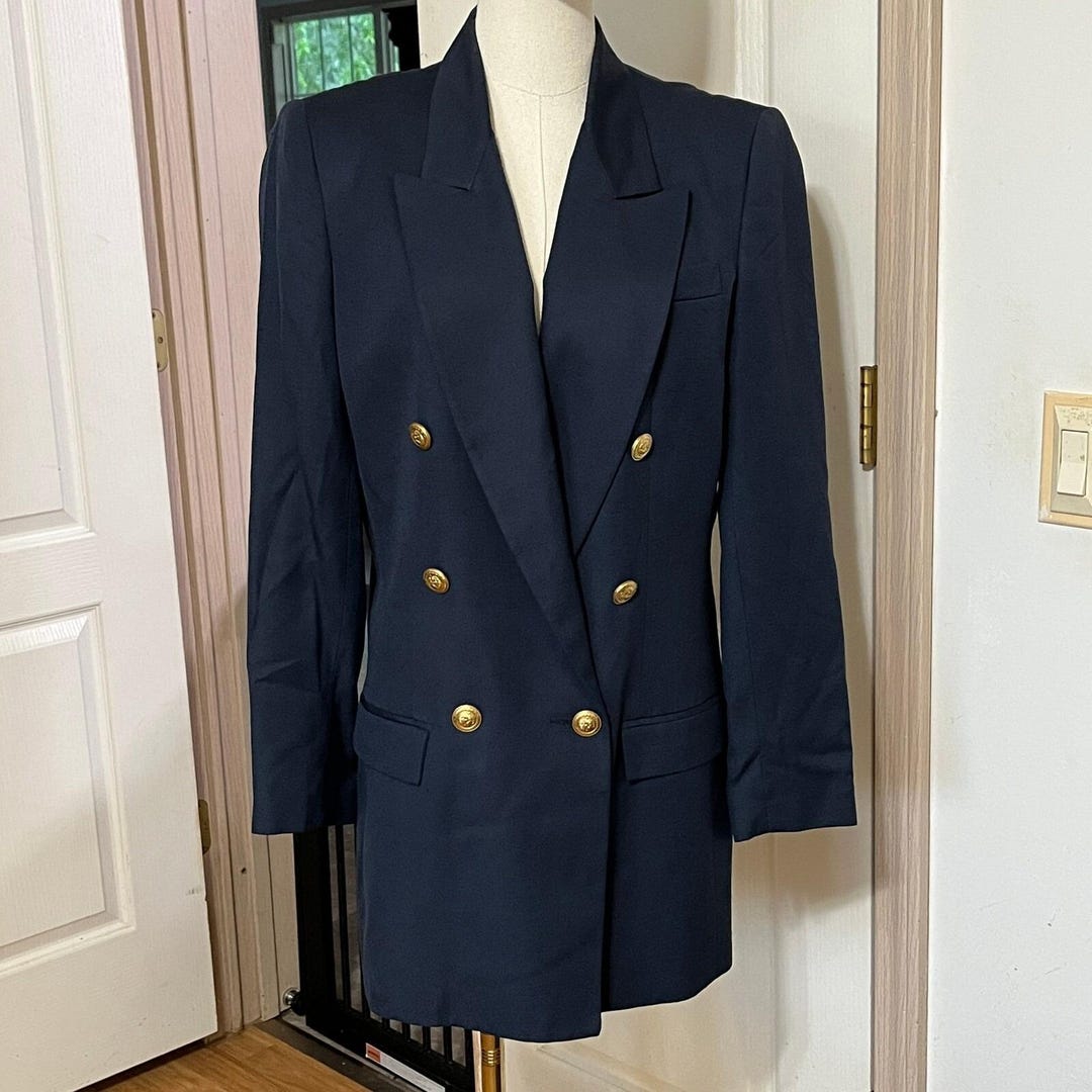 Vintage 80's Double Breasted Blazer Gold Buttons Shoulder Pads Silk ...