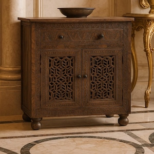 Handmade Wooden Carving 2 Door & 2 Drawer Storage Cabinet | 36*18*32 | Handcrafted Solid Wood Furniture