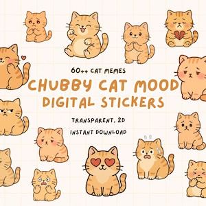 Kawaii Cat Stickers (Mixed Mood) | Cute Kawaii Digital PNG | Emotional Cat Clipart for Planner, Journal, Goodnotes