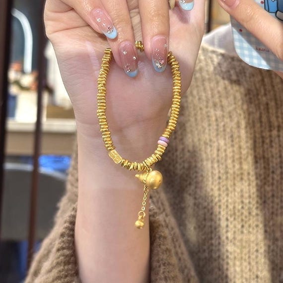 24K Pure Gold Bracelet, 999 Gold Bracelet, Gold Gourd Charm, Anniversary Bracelet, Anniversary Jewelry