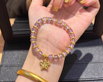 24K Reines Gold Amethyst Armband, 999 Gold Armband, Jubiläums Armband, Schmuck aus reinem Gold, Gold Stern Anhänger