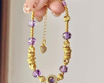 Amethyst-Armband aus reinem Gold, 999er Goldarmband, Jubiläumsarmband, Goldkugelarmband, Schmuck aus reinem Gold