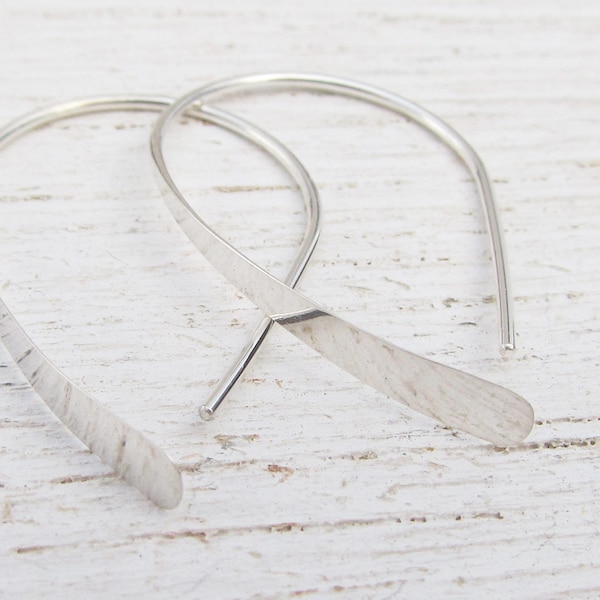 Sterling Silver Hammered Wire Earrings with Flat Forward Facing Brushed Finish Paddle | Small 1" Long Open Hoop Earrings | Gift for Her