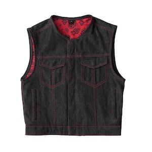 Black Denim Biker Vest for Men – Red Paisley Lining & Contrast Stitch – Sleeveless Motorcycle Club Vest with Concealed Carry Pockets