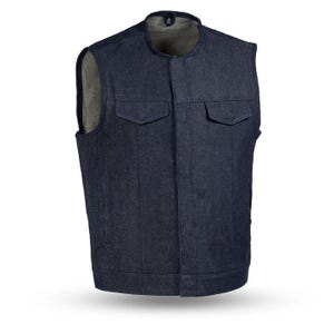 Men’s Indigo Denim Motorcycle Vest – Club Style Sleeveless Riding Vest with Concealed Carry Pockets