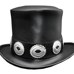 Western Concho Leather Top Hat Handmade Gothic Steampunk Cowboy Hat | Black Genuine Leather Vintage Hat